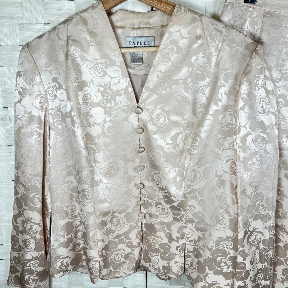 Papell Petites Womens Pink Champagne 100% Silk Floral Jacquard Skirt Suit Set 14